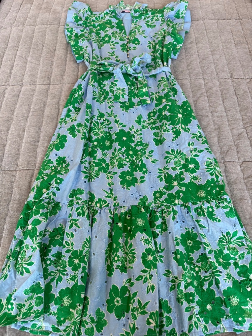 Entro Fresh Air Floral Maxi Dress Blue & Green Eyelet Vibrant Colorful Ruffles L